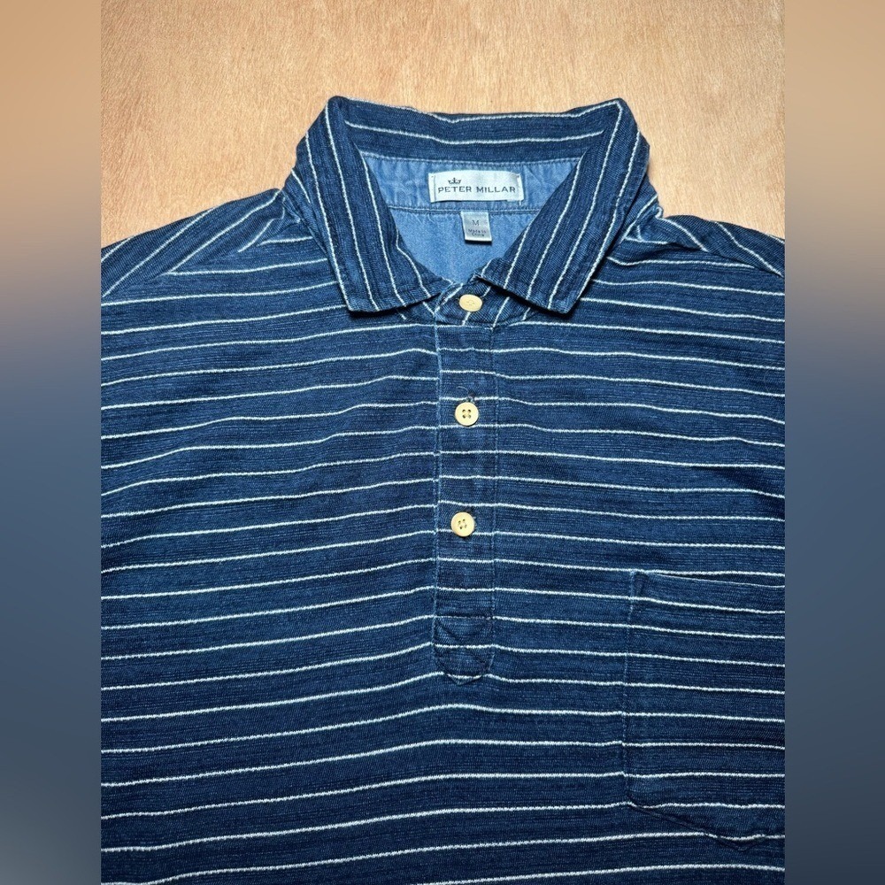 Peter Millar Mens Navy White Stripe Short Sleeve Golf Polo Shirt Size M - Picture 2 of 7